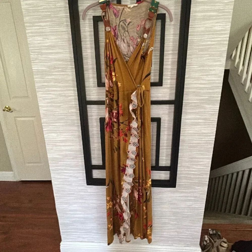 Upcycled BoHo maxi dress with slit in front and ruffle size medium mustard flora